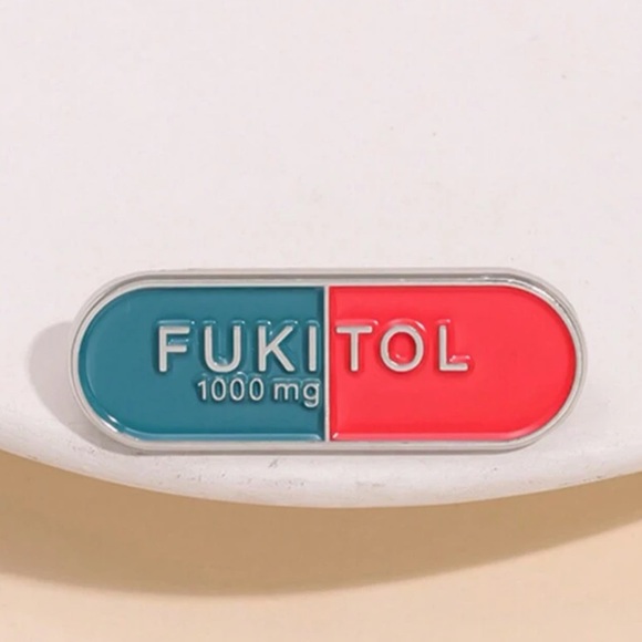 Jewelry - Pill Shaped ‘FUKITOL’ 1000mg Red & Blue Enamel Lapel Pin Brooch, New with Tags!